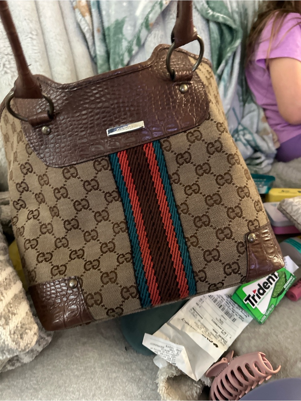 Gucci Beige GG Canvas Shoulder Bag with Brown Leather and Red-Green Stripe